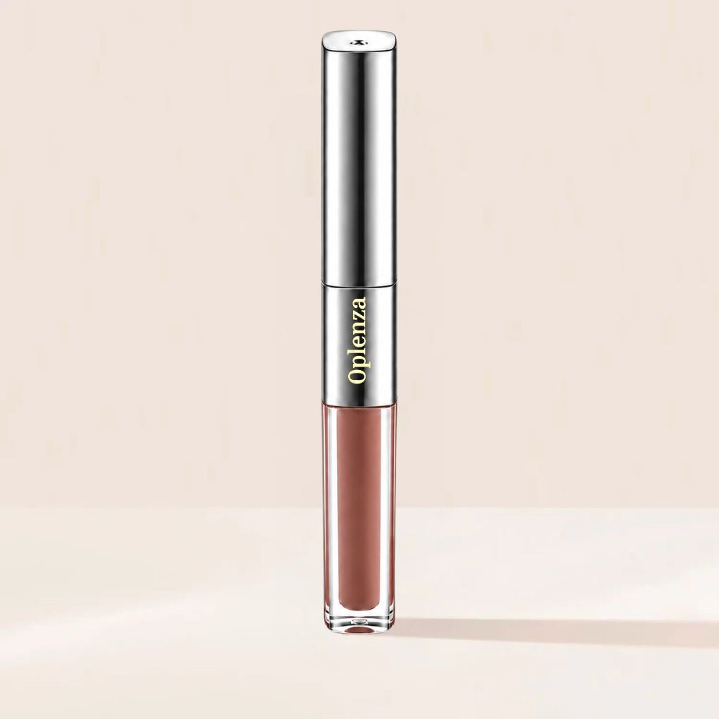 Oplenza Matte-to-Shine Lip Duo in Brownie, with matte liquid lipstick and clear lip gloss.