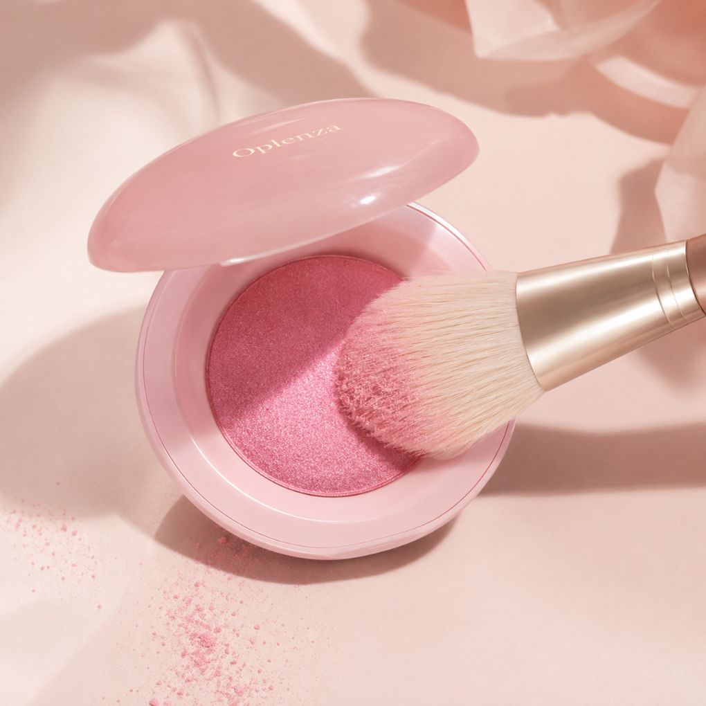 A pink Opilena pressed powder blush in an open round compact, with a makeup brush dipping into the shimmering pink product on a soft pink background.
Shades: Baby, Girl, Mood, Pretty, Passion.