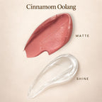 Oplenza Matte-to-Shine Lip Duo in Cinnamon Oolong, showing a  ligh brown-pinkish, and clear gloss lipstick swatch.