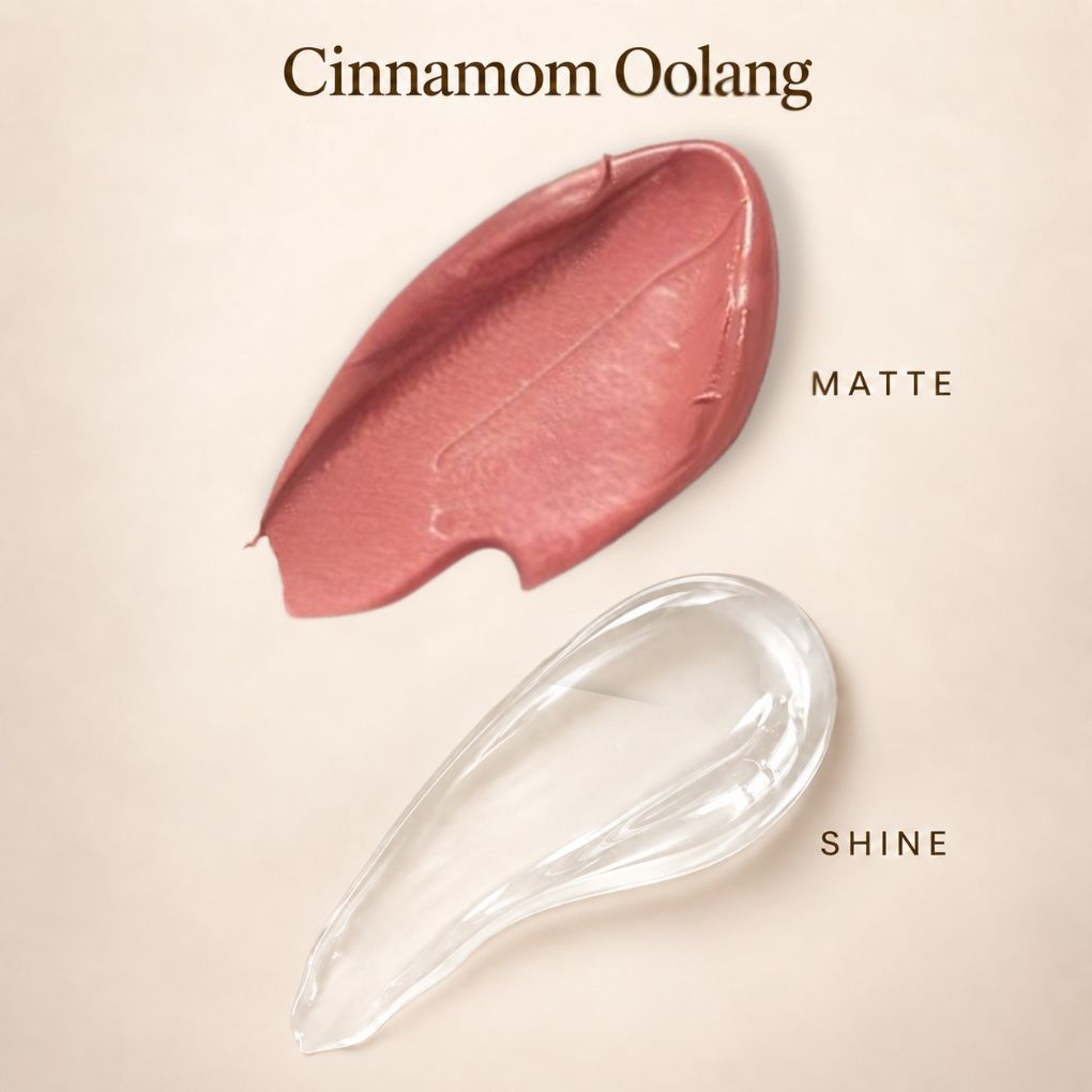 Oplenza Matte-to-Shine Lip Duo in Cinnamon Oolong, showing a  ligh brown-pinkish, and clear gloss lipstick swatch.