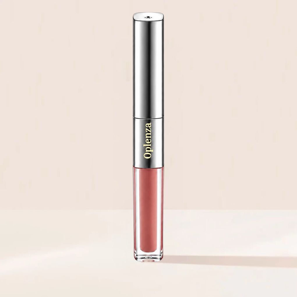 Oplenza Matte-to-Shine Lip Duo in Cinnamon Oolong, with matte liquid lipstick and clear lip gloss.