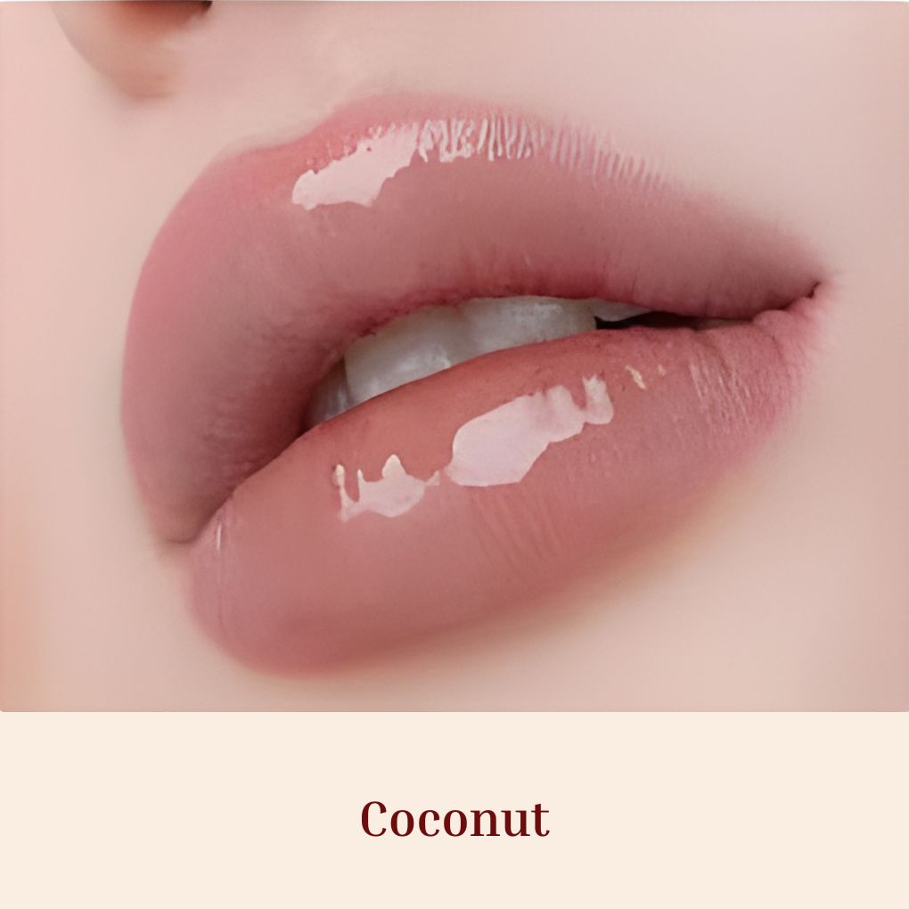 Obsession Glass Lip Gloss swatches on lips, Coconut shade-The best shiny lip makeup Gloss