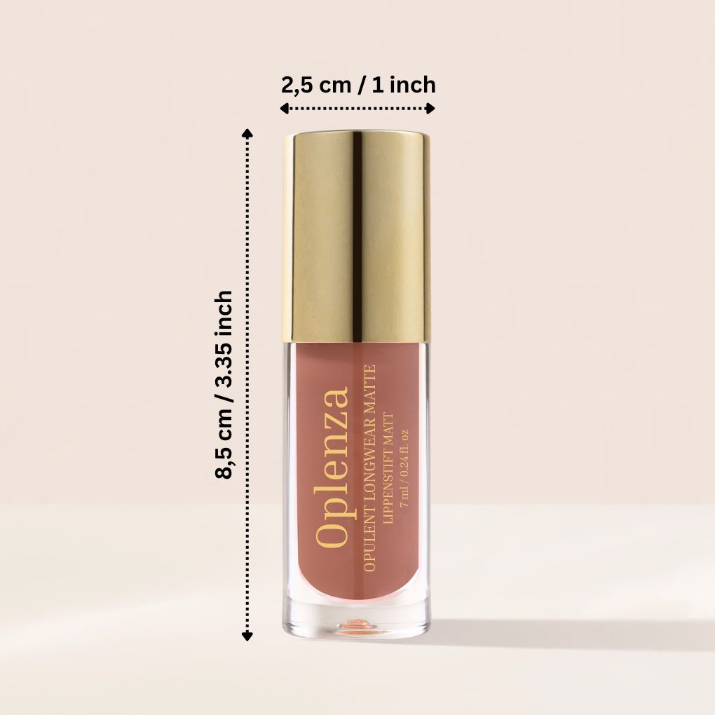 Dimensions of Oplenza Opulent Longwear Matte - best makeup matte liquid, best lipstick brand.
Shades: 51 Rouge Royale, 44 Veil, 41 Terra, 40 Solace, 38 Whisper, 37 Pice, 31 Mauve Luxe, 30 Bloom, 28 Bliss22 , Power, 21 Fever, 20 Flair, 19 Reign, 19 Diva, 15 Lush, 11 Marron, 09 Charm,  08 Serene, 07 Muse, 04 Dune, 02 Poise