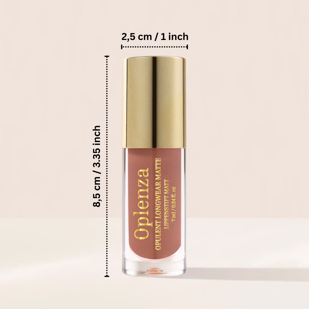 Dimensions of Oplenza Opulent Longwear Matte - best makeup matte liquid, best lipstick brand.
Shades: 51 Rouge Royale, 44 Veil, 41 Terra, 40 Solace, 38 Whisper, 37 Pice, 31 Mauve Luxe, 30 Bloom, 28 Bliss, 22 Power, 21 Fever, 20 Flair, 19 Reign, 19 Diva, 15 Lush, 11 Marron, 09 Charm,  08 Serene, 07 Muse, 04 Dune, 02 Poise,
03 Sable, 06 Roselle, 39 Praline, 45 Corail, 46 Petale, 47 Velours, 49 Ember, 50 Amour.