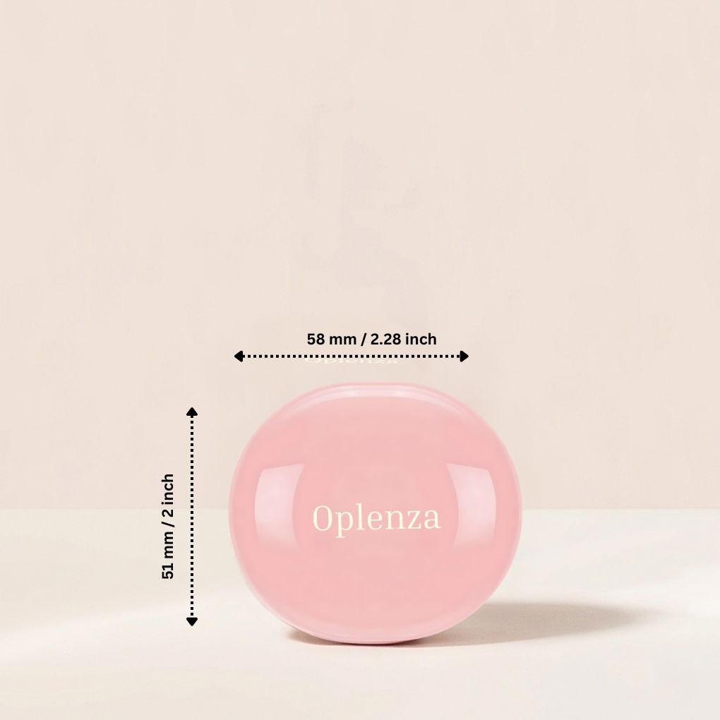 Dimensions of Oplenza Silky Touch Highlighters on a beige background-Glass-like pressed powder highlighter texture
Shades: Champagne, Pearl, Copper, Rose.