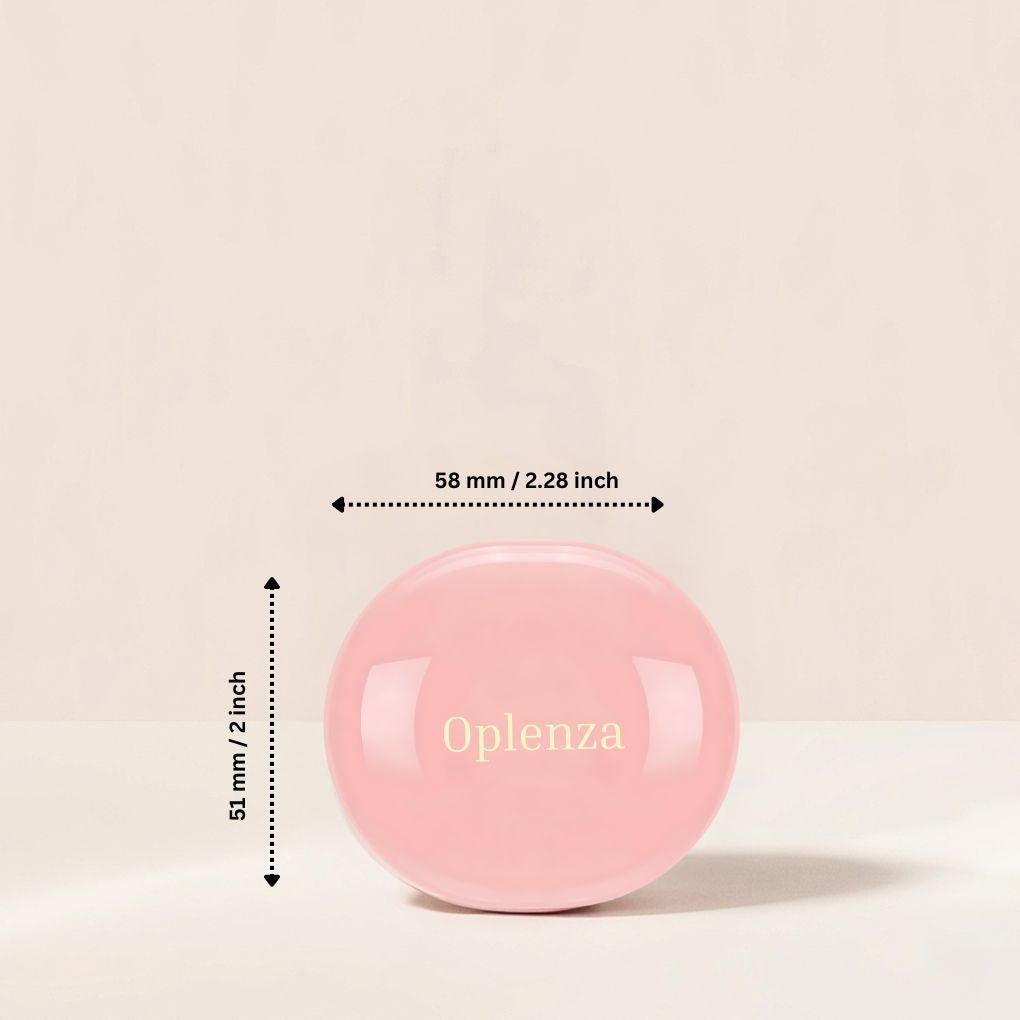 Dimensions of Oplenza Silky Touch Highlighters on a beige background-Glass-like pressed powder highlighter texture
Shades: Champagne, Pearl, Copper, Rose.