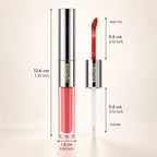 Oplenza Matte-to-Shine Lip Duo in Ripe Peach, measuring 13.6 cm high and 1.6 cm wide.
Shades: Ripe Peach, Rosewood, Cinnamon Oolong, Brownie, Noir Red