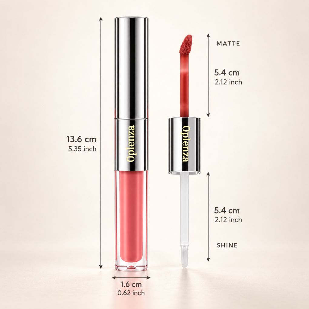 Oplenza Matte-to-Shine Lip Duo in Ripe Peach, measuring 13.6 cm high and 1.6 cm wide.
Shades: Ripe Peach, Rosewood, Cinnamon Oolong, Brownie, Noir Red