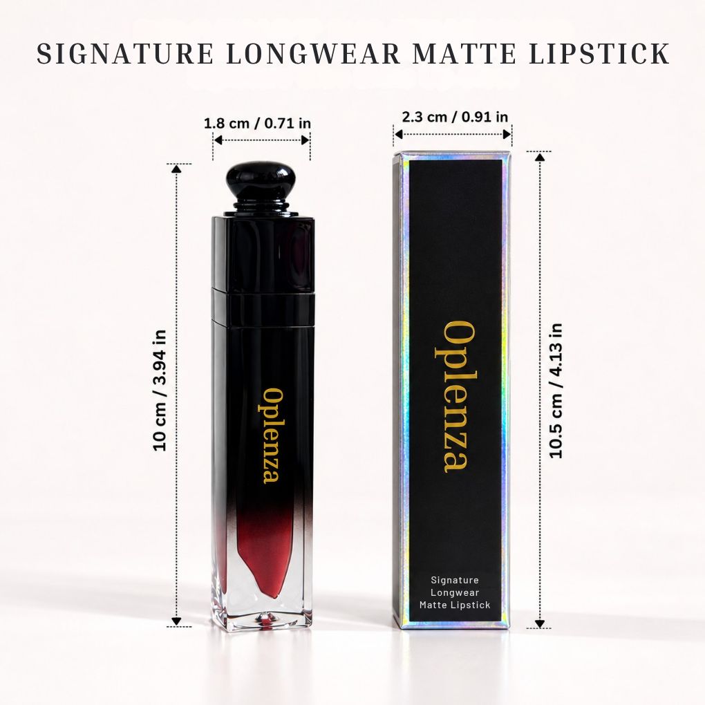 Oplenza Signature Longwear Matte Lipstick tube measuring 10 × 1.8 cm.
Shades: 
01 Tulle
02 Peche
03 Almande
04 Taupe
05 Rosette
06 Mauve
07 Cannelle
08 Coraline
09 Violette
10 Aubergine
11 Garnet
12 Bordeaux