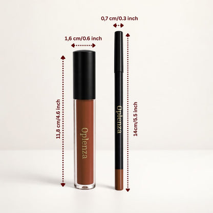 Oplenza Opulent Matte Lip Kit dimensions: the best duo of liquid lipstick and lip liner.
Shades: 29 Gorgeous, 27 Out Loud, 26 Boss up, 25 Leading Lady, 23 Bloodshot,  20 Pretty Woman, 19 Lip Goals, 18 Cherry Beauty,  17 Lovely, 16 Jacinth, 13 Peach, 12 Plum, 09 Ruby, 08 Mauve, 07 Sage, 05 Sultry, 04 Magenta, 02 Chocolate, Heart Breaker