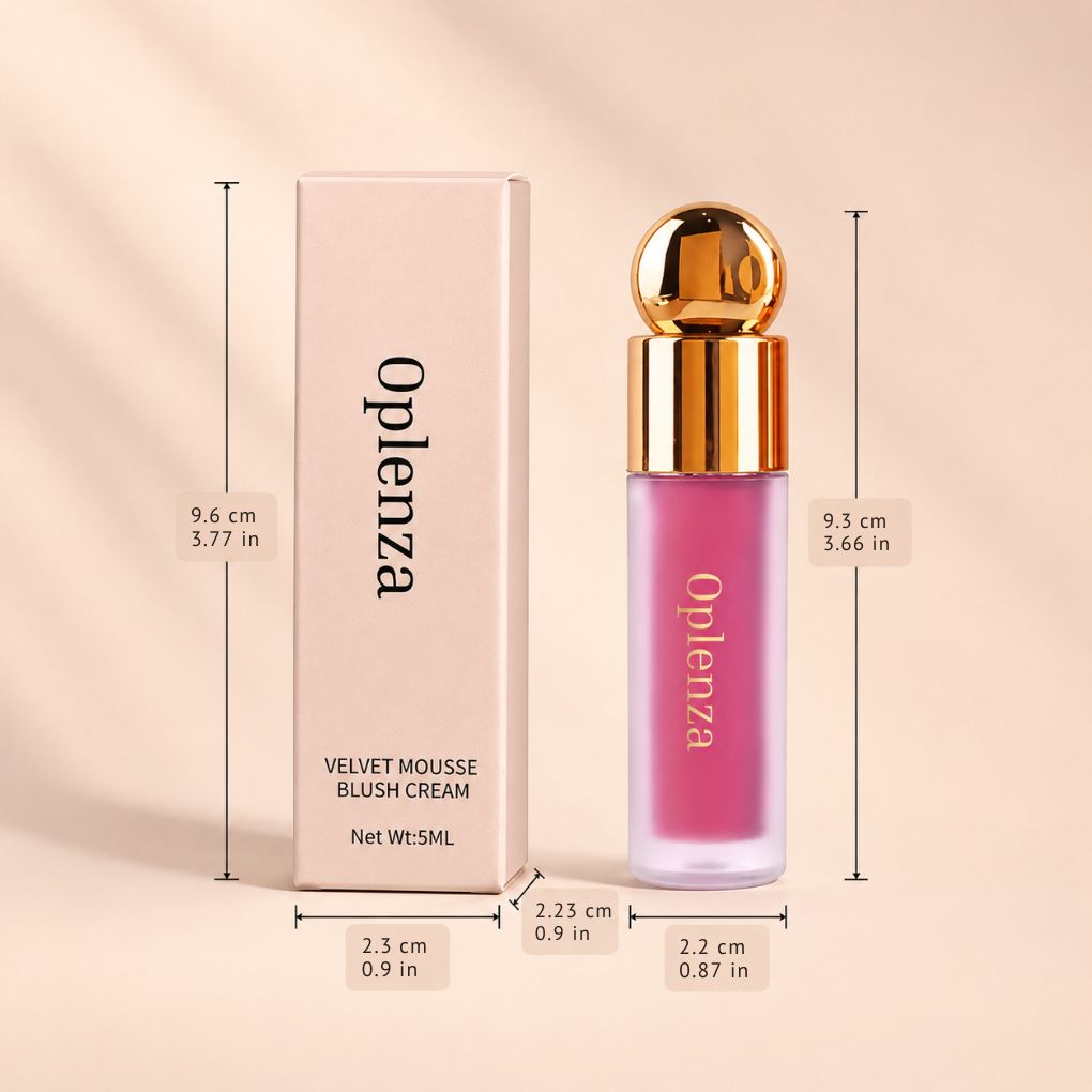 Oplenza Velvet Mousse Blush Cream bottle and its matching pink packaging box, shown with dimension lines and measurements on a soft beige background.
Shades: 
01 Dusty Veil
02 Petal Milk
03 Rosy Glace
04 Bloom Rush
05 Cloud Peach
06 Apricot Melt
07 Burnt Kiss
