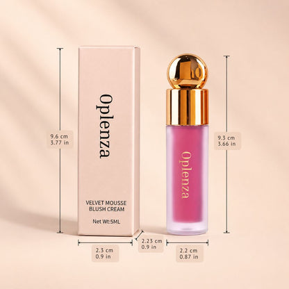 Oplenza Velvet Mousse Blush Cream bottle and its matching pink packaging box, shown with dimension lines and measurements on a soft beige background.
Shades: 
01 Dusty Veil
02 Petal Milk
03 Rosy Glace
04 Bloom Rush
05 Cloud Peach
06 Apricot Melt
07 Burnt Kiss
