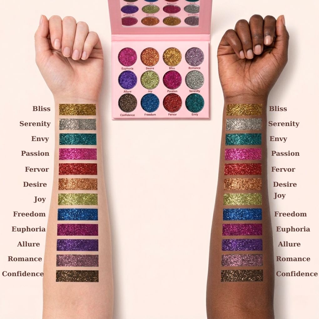 Arm swatches of Oplenza Signature Shades Palette - Giltter Edition, palette with 12 colorful and nude glitters eyeshadows for a radiant look. Long-lasting formula, excellent texture eyeshadow palette.
