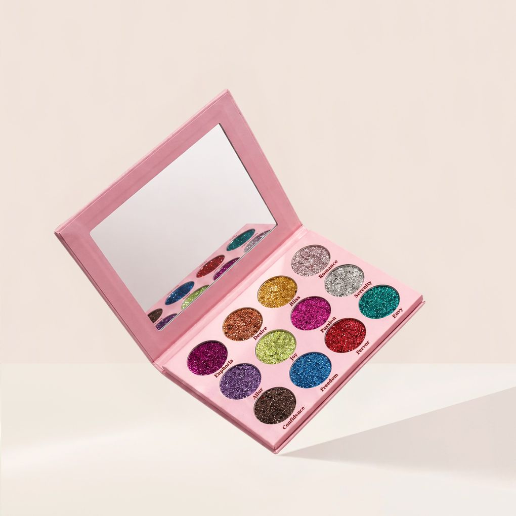Oplenza Signature Shades Palette - Giltter Edition, palette with 12 colorful and nude glitters eyeshadows for a radiant look. Long-lasting formula, excellent texture eyeshadow palette.