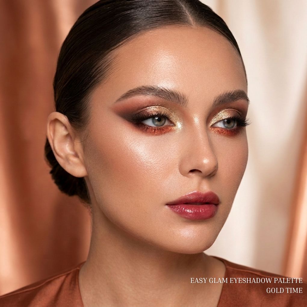 Oplenza Easy Glam Eyeshadow Palette "Gold Time" applied on eyes creating an effortless glam look with seamless blending and natural dimension
