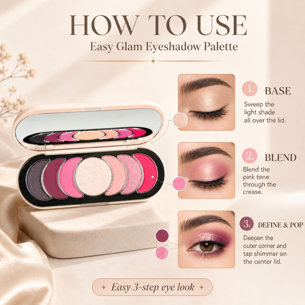 An open eyeshadow palette with multiple shades displayed on a beige satin background, accompanied by a large 'HOW TO USE' instructional graphic with three eye makeup steps and close-up eye photos.
Shades: Pink Filter, Gold Time, Moonlight.