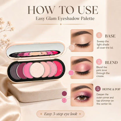 An open eyeshadow palette with multiple shades displayed on a beige satin background, accompanied by a large 'HOW TO USE' instructional graphic with three eye makeup steps and close-up eye photos.
Shades: Pink Filter, Gold Time, Moonlight.