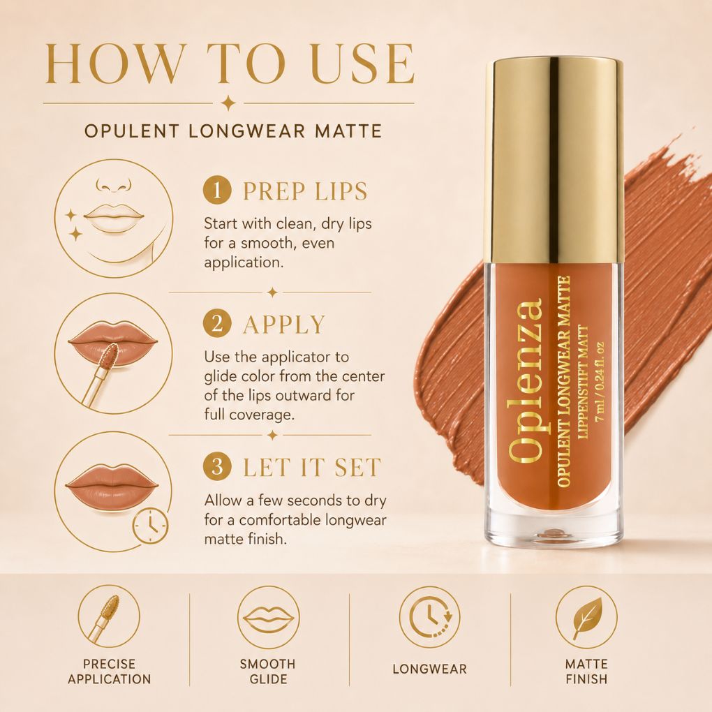 Oplenza Opulent Longwear Matte liquid lipstick - how to use.
Shades: 51 Rouge Royale, 44 Veil, 41 Terra, 40 Solace, 38 Whisper, 37 Pice, 31 Mauve Luxe, 30 Bloom, 28 Bliss, 22 Power, 21 Fever, 20 Flair, 19 Reign, 19 Diva, 15 Lush, 11 Marron, 09 Charm,  08 Serene, 07 Muse, 04 Dune, 02 Poise,
03 Sable, 06 Roselle, 39 Praline, 45 Corail, 46 Petale, 47 Velours, 49 Ember, 50 Amour.