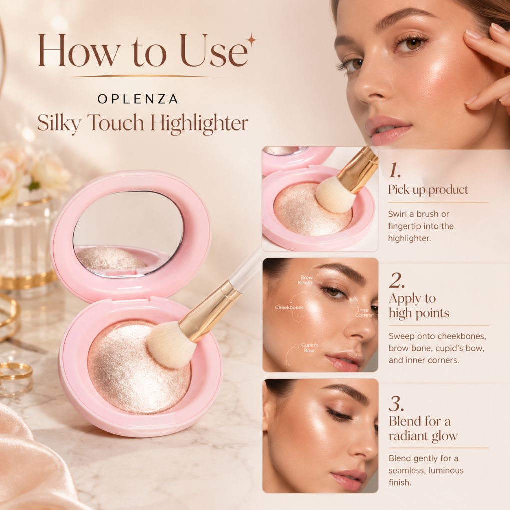 An instructional beauty graphic for Opleenza Silky Touch Highlighter showing a pink compact with a brush, close-up photos of a woman's face demonstrating application, and step-by-step usage instructions.
Shades: Champagne, Pearl, Copper, Rose.