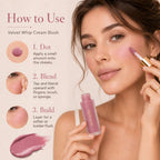 A beauty instructional graphic showing a woman applying velvet whip cream blush from an Optiquea tube. The left side contains text instructions numbered 1, 2, and 3 with circular swatches of the pink-purple blush color, while the right side shows the woman blending the product on her cheek.
Shades: 
01 Dusty Veil
02 Petal Milk
03 Rosy Glace
04 Bloom Rush
05 Cloud Peach
06 Apricot Melt
07 Burnt Kiss