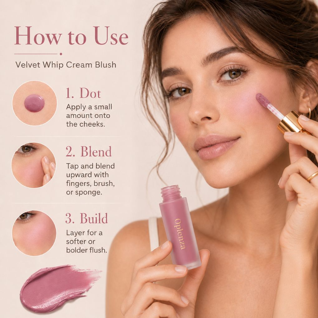 A beauty instructional graphic showing a woman applying velvet whip cream blush from an Optiquea tube. The left side contains text instructions numbered 1, 2, and 3 with circular swatches of the pink-purple blush color, while the right side shows the woman blending the product on her cheek.
Shades: 
01 Dusty Veil
02 Petal Milk
03 Rosy Glace
04 Bloom Rush
05 Cloud Peach
06 Apricot Melt
07 Burnt Kiss