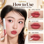 How to apply Oplenza Matte-to-Shine Lip Duo: apply matte color, let it dry, then add clear gloss.
Shades: Ripe Peach, Rosewood, Cinnamon Oolong, Brownie, Noir Red
