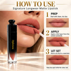 Openza Signature Longwear Matte Lipstick shown in a black and clear tube with a nude pink shade, alongside a close-up of lips wearing the lipstick and a three-step application guide on a beige background.
Shades: 
01 Tulle
02 Peche
03 Almande
04 Taupe
05 Rosette
06 Mauve
07 Cannelle
08 Coraline
09 Violette
10 Aubergine
11 Garnet
12 Bordeaux