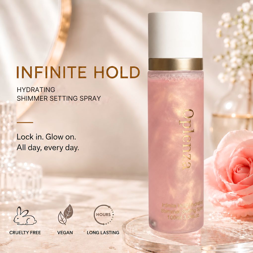 Oplenza Infinite Hold Hydrating Shimmer Setting Spray for long-lasting makeup glow