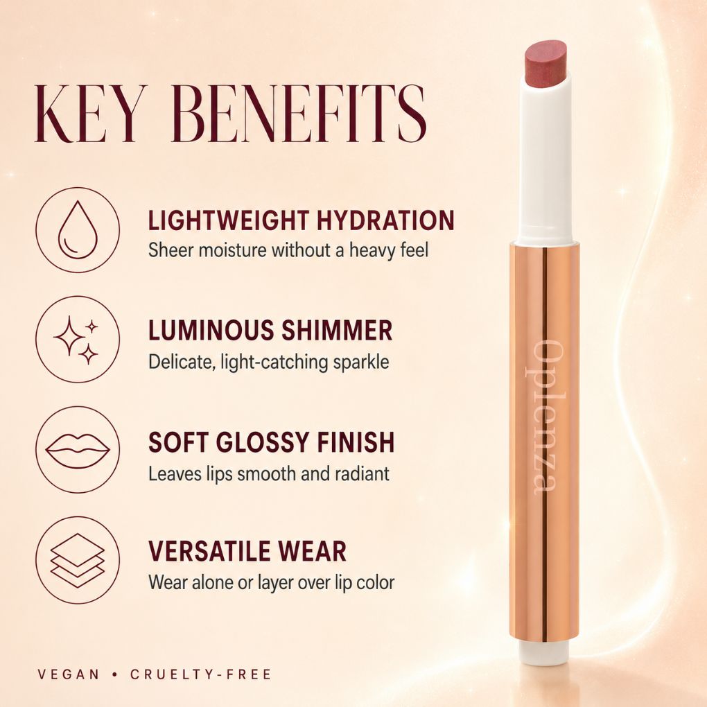 Oplenza shimmer lip balm with sodium hyaluronate meadowfoam oil almond oil and vitamin E.
Shades: Posh, Bombshell, Afterglow, Macaron, Praline,, Glassy, Sugar