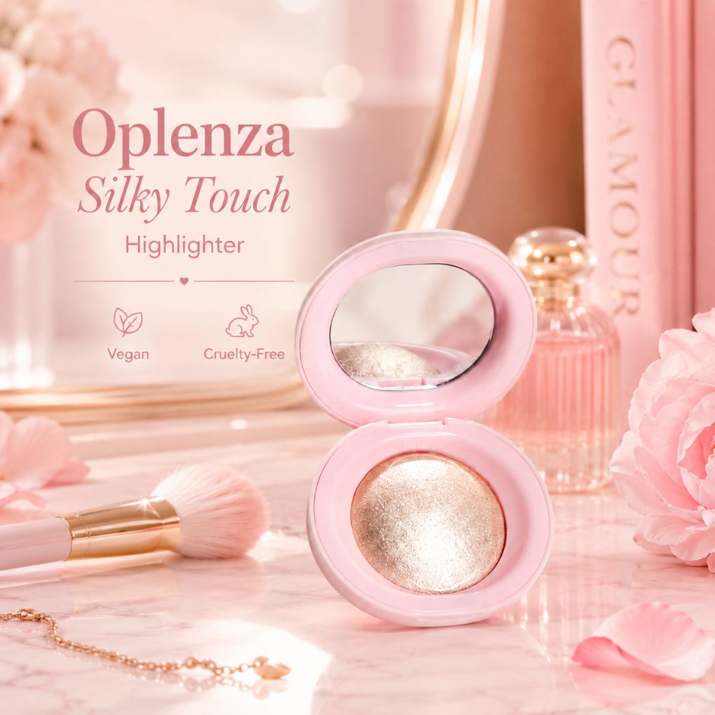An open pink Oplenza Silky Touch Highlighter compact sits on a marble surface with pink flowers, a makeup brush, and a perfume bottle in a soft, styled beauty setting.
Shades: Champagne, Pearl, Copper, Rose.