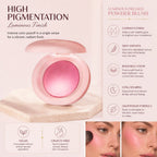 Pink high-pigmentation pressed powder blush shown open on a marble surface, with product text callouts on a pale pink background and small before/after eye makeup close-ups at the bottom.
Shades: Baby, Girl, Mood, Pretty, Passion.