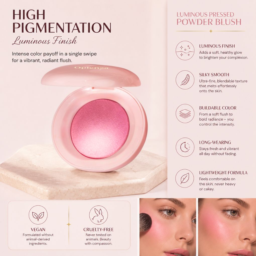 Pink high-pigmentation pressed powder blush shown open on a marble surface, with product text callouts on a pale pink background and small before/after eye makeup close-ups at the bottom.
Shades: Baby, Girl, Mood, Pretty, Passion.