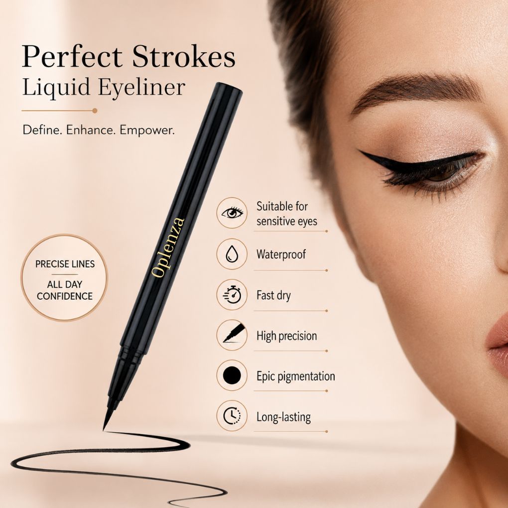 Oplenza Perfect Strokes Liquid Eyeliner for sensitive eyes and precise black lines, Cotton, Brush