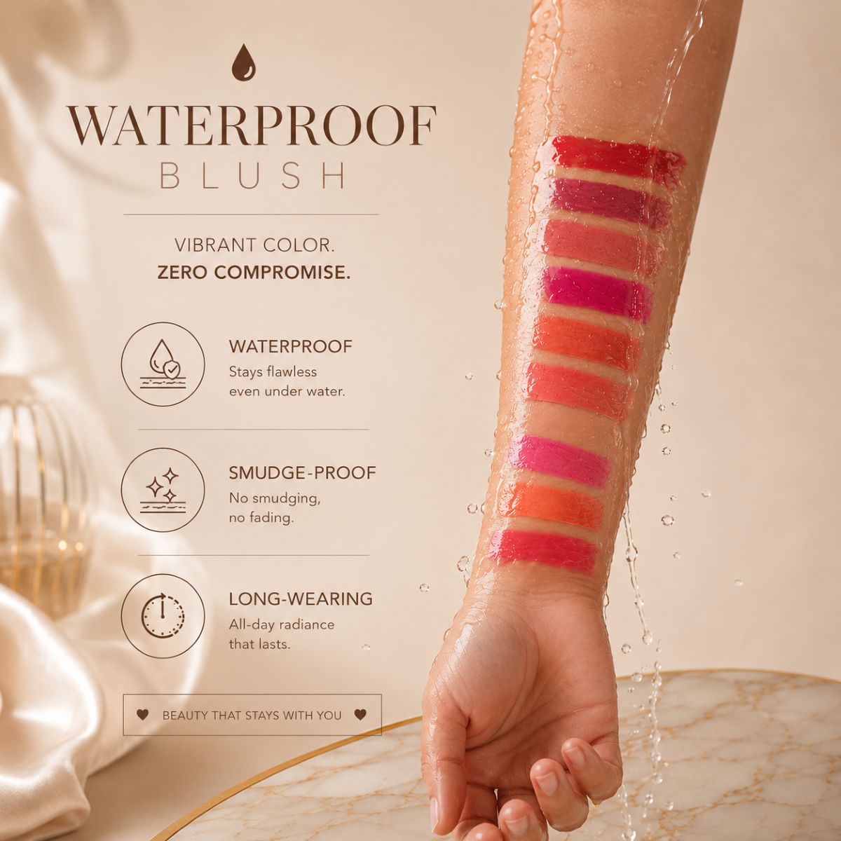 Waterproof cream blush stick with bold color payoff by Oplenza.
Shades: 01 Peachy Keen, 02 Sunshine Orange, 03 Water Red, 04 Composed, 05 Pumpkin, 06 Terracotta, 07 Rosse Red, 08 Dusty Rose, 09 Misty Rose, 10 True Red, 11 Mocha