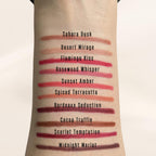 Oplenza Velvet whisper lip liners swatches- Sahara Dusk, Desert Mirage, Flamingo Kiss, Rosewood Whisper, Sunset Amber, Spiced Terracotta, Bordeaux Seduction, Cacao Truffle, Scarlet Temptation, Midnight Merlot