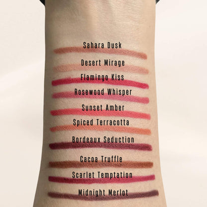 Oplenza Velvet whisper lip liners swatches- Sahara Dusk, Desert Mirage, Flamingo Kiss, Rosewood Whisper, Sunset Amber, Spiced Terracotta, Bordeaux Seduction, Cacao Truffle, Scarlet Temptation, Midnight Merlot