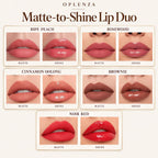 Oplenza Matte-to-Shine Lip Duo shade chart comparing Ripe Peach, Rosewood, Cinnamon Oolong, Brownie, Noir Red in Matte and Glossy finishes.