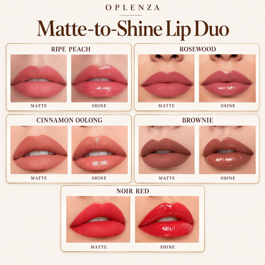 Oplenza Matte-to-Shine Lip Duo shade chart comparing Ripe Peach, Rosewood, Cinnamon Oolong, Brownie, Noir Red in Matte and Glossy finishes.