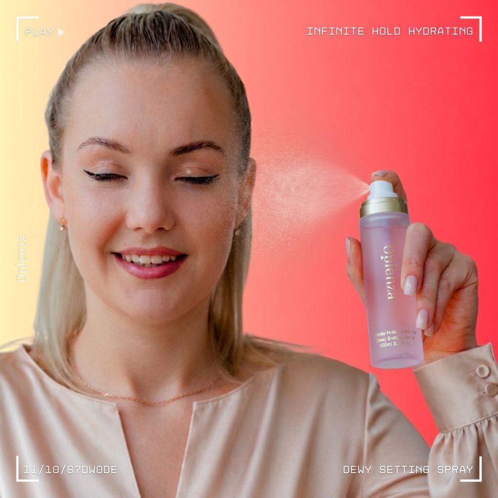 Woman spraying Oplenza Infinte hold hydrating dewy setting spray on her makeup - Dewy makeup setting spray with aloe vera rose water and vitamin E.