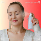 A woman spraying Oplenza Infinite Hold Hydrating Matte Setting Spray on her makeup - setting spray for long-lasting shine-controlled makeup