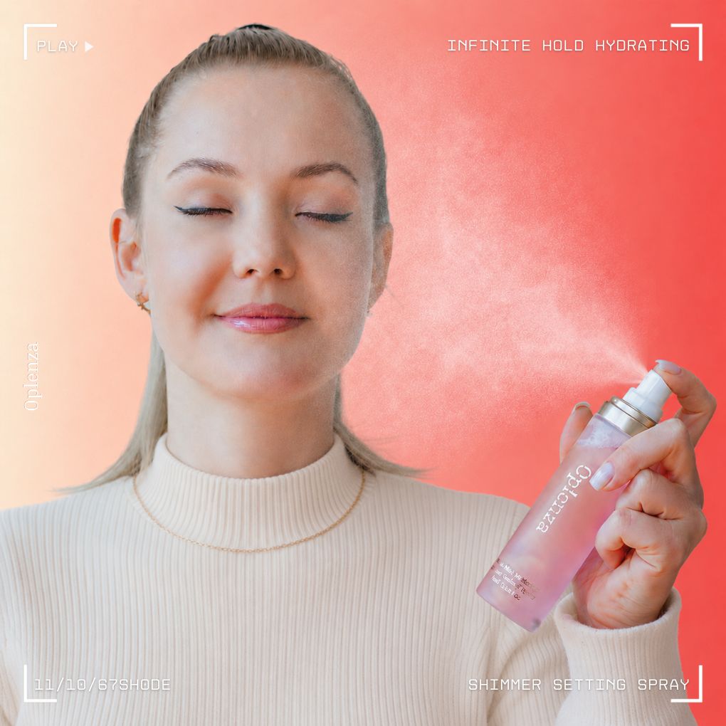 A woman spraying Oplenza Infinite Hold Hydrating Shimmer Setting Spray on her face - setting spray for radiant glowing makeup