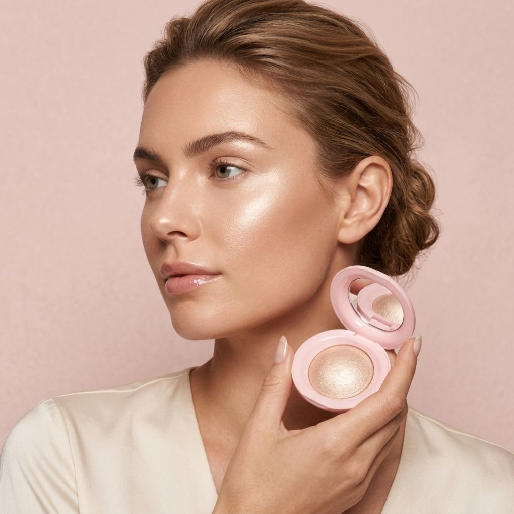 A woman wearing and showcasing Oplenza Silky Touch Highlighters on her checkbones. 
Shades: Champagne, Pearl, Copper, Rose.