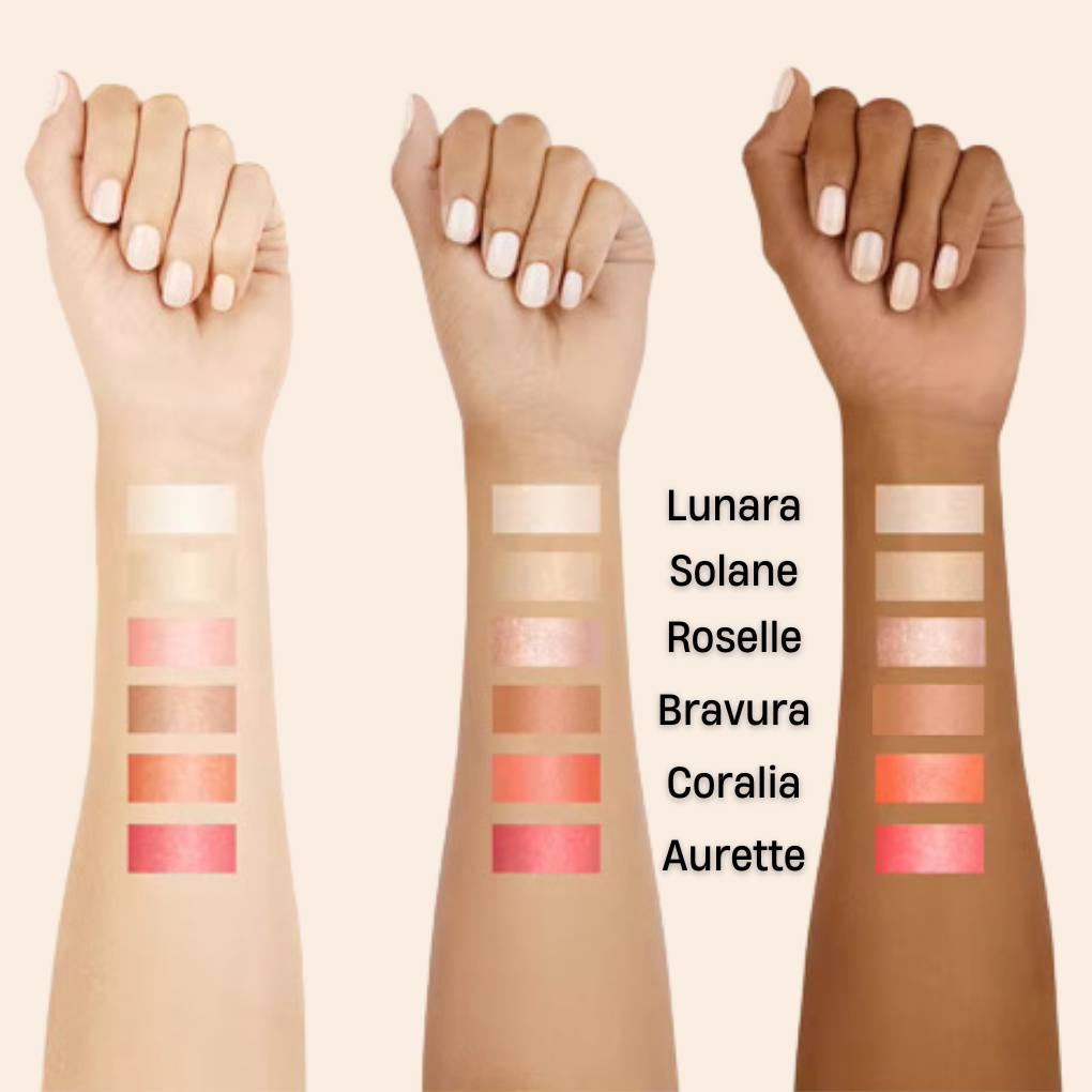 Oplenza Opulent Light Luminizer Swatches- Lunara, Solane, Roselle, Bravura, Coralia, Aurette