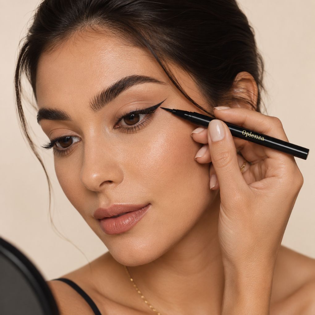 Close-up eye makeup using Oplenza Perfect Strokes Liquid Eyeliner, Cotton, Brush