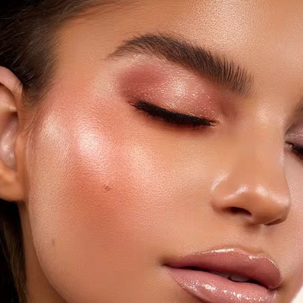 Woman wearing, showcasing on her face the Oplenza Luminous Pressed Powder Blush in shade Mood