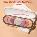 An open eyeshadow palette with six circular pans in matte and metallic shades, shown on a peach background with text labels naming the finishes.
Shade: Moonlight.
