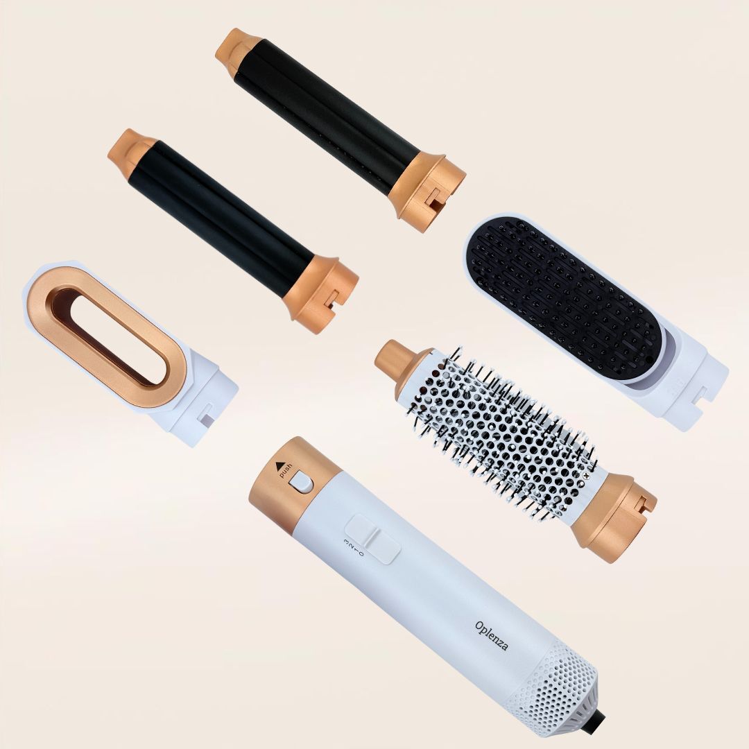  Oplenza multi hair styler attachments, which include a hair dryer, straightening comb, volumizing brush, and curlers in White color