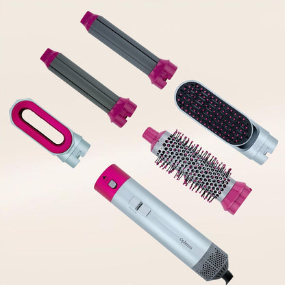 Oplenza multi hair styler attachments, which include a hair dryer, straightening comb, volumizing brush, and curlers in color Soft Taupe