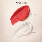 Oplenza Matte-to-Shine Lip Duo in Noir Red, showing a red and clear gloss lipstick swatch.