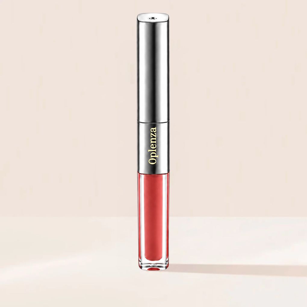 Oplenza Matte-to-Shine Lip Duo in Noir Red, with matte liquid lipstick and clear lip gloss.